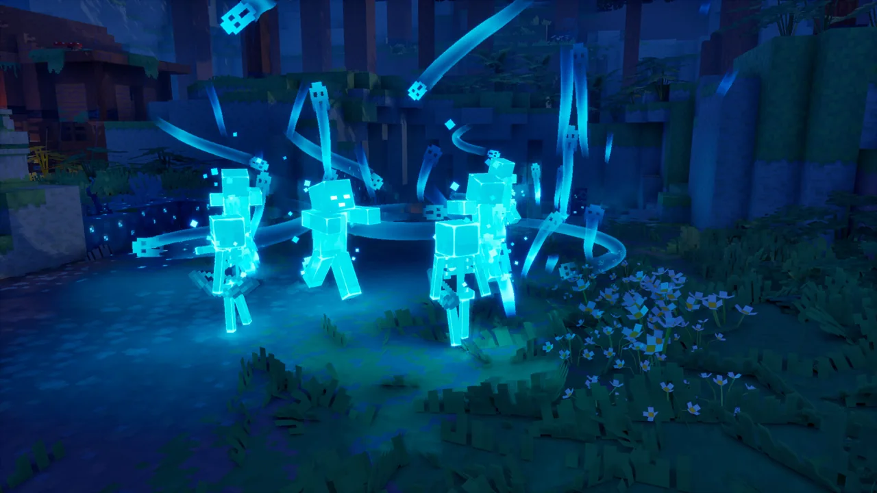 Cyan lights float above a dark forest clearing.